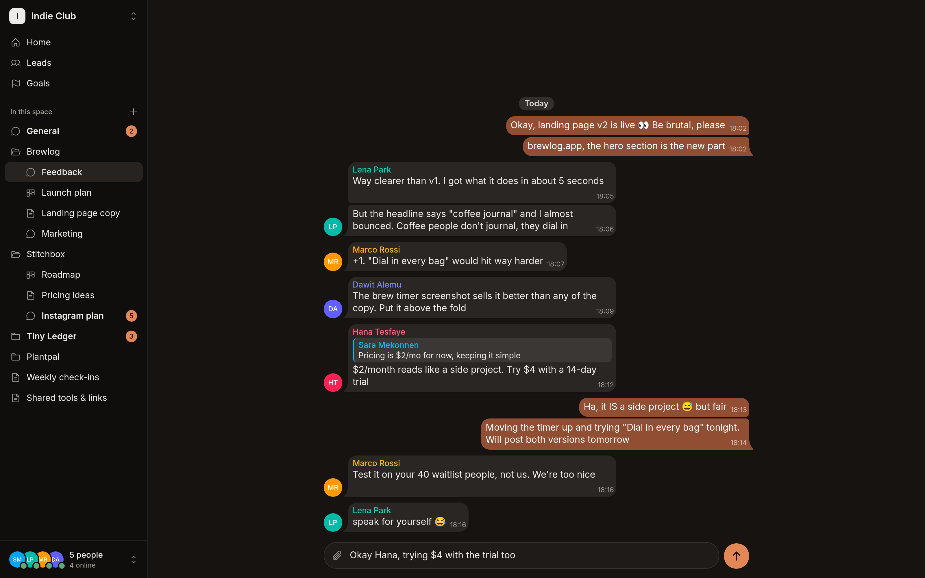 Day One showing a shared space with project folders in the sidebar and a group chat giving feedback on a landing page.