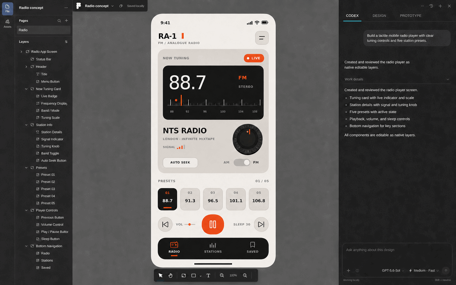 Figmaboy editing a radio interface, with editable layers on the left and Codex chat on the right.